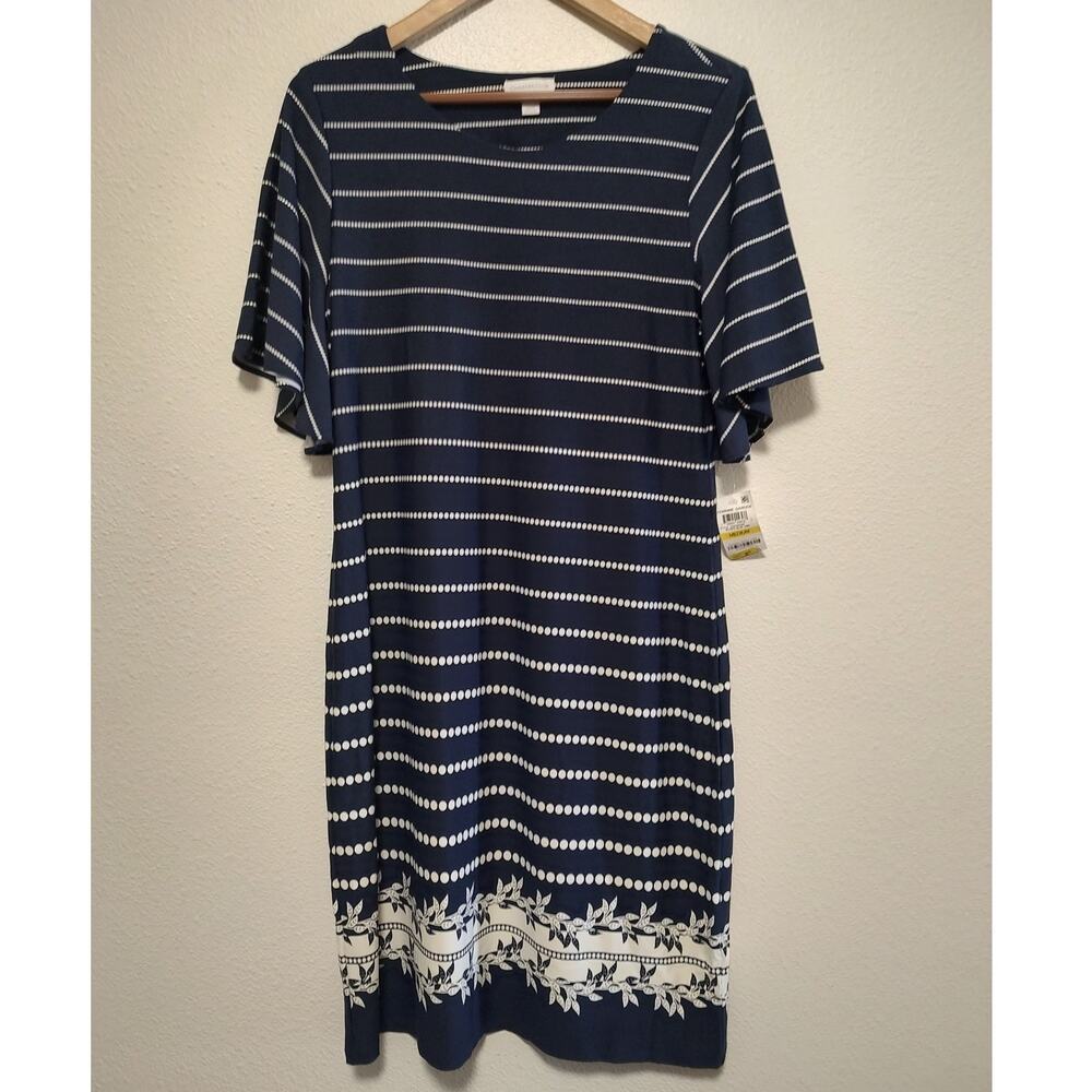 Charter Club Navy Blue White Stripe Short Sleeve Knit Crew Neck Midi Dress Med